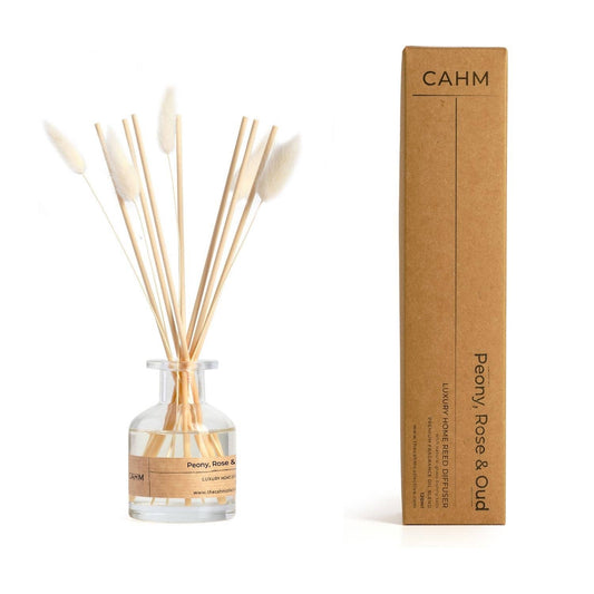 Reed diffuser set with bottle and sticks next to its cardboard box on a white background