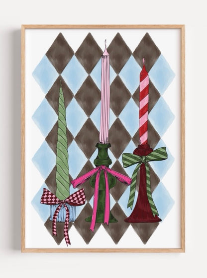 Harlequin Candle A4 Print | Blue & Black Patterned Art with Bowed Candle Holders