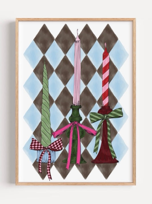 Harlequin Candle A4 Print | Blue & Black Patterned Art with Bowed Candle Holders