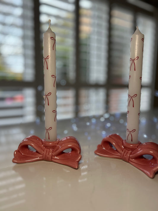 Bow Candles – Set of 2 | White Candles with Red Bows