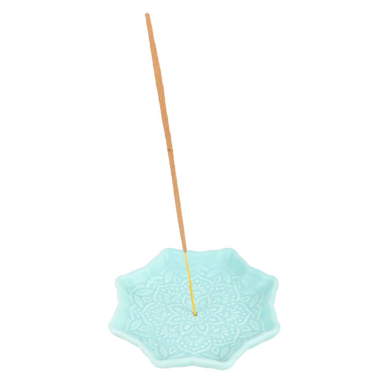 Light blue incense holder with a single incense stick on a white background
