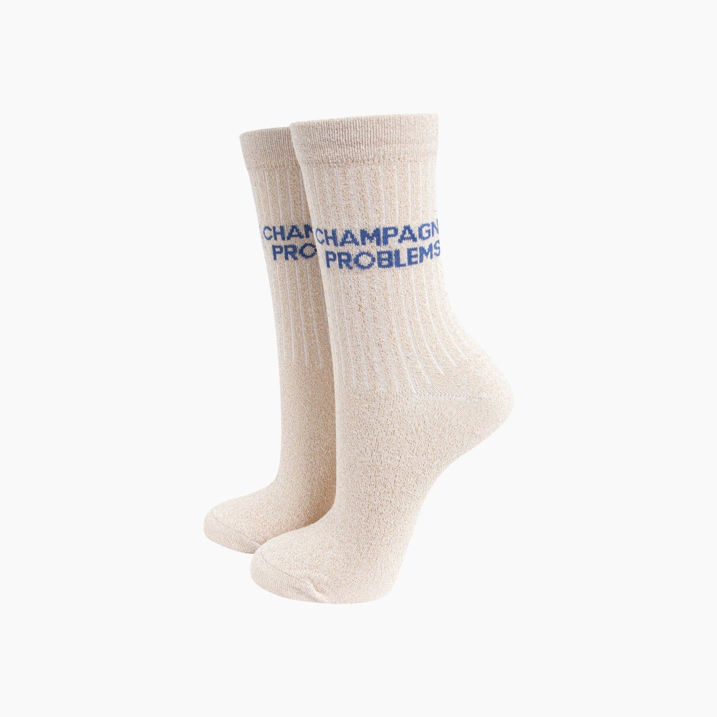 Beige socks with blue text on a white background