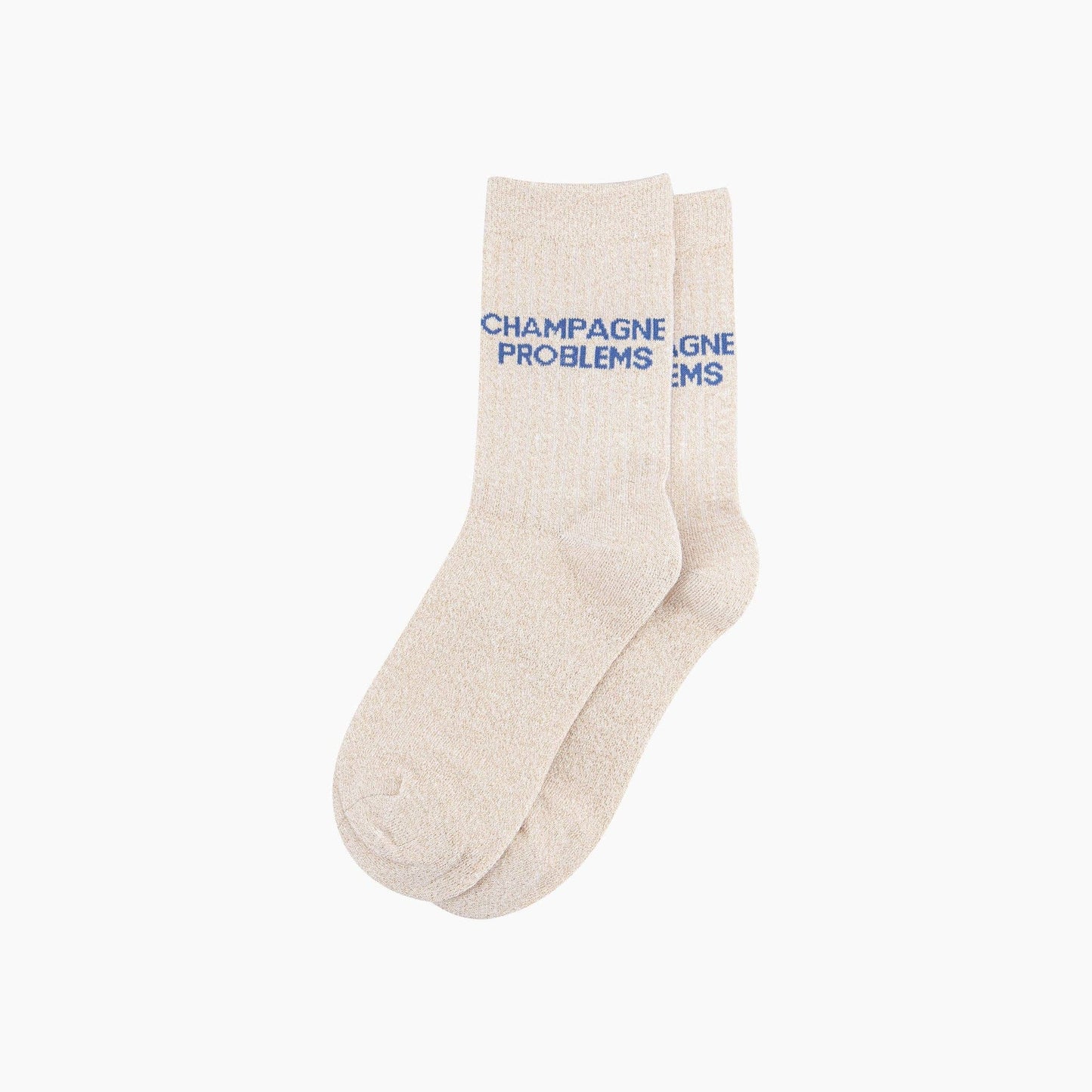 Beige socks with blue text on a white background