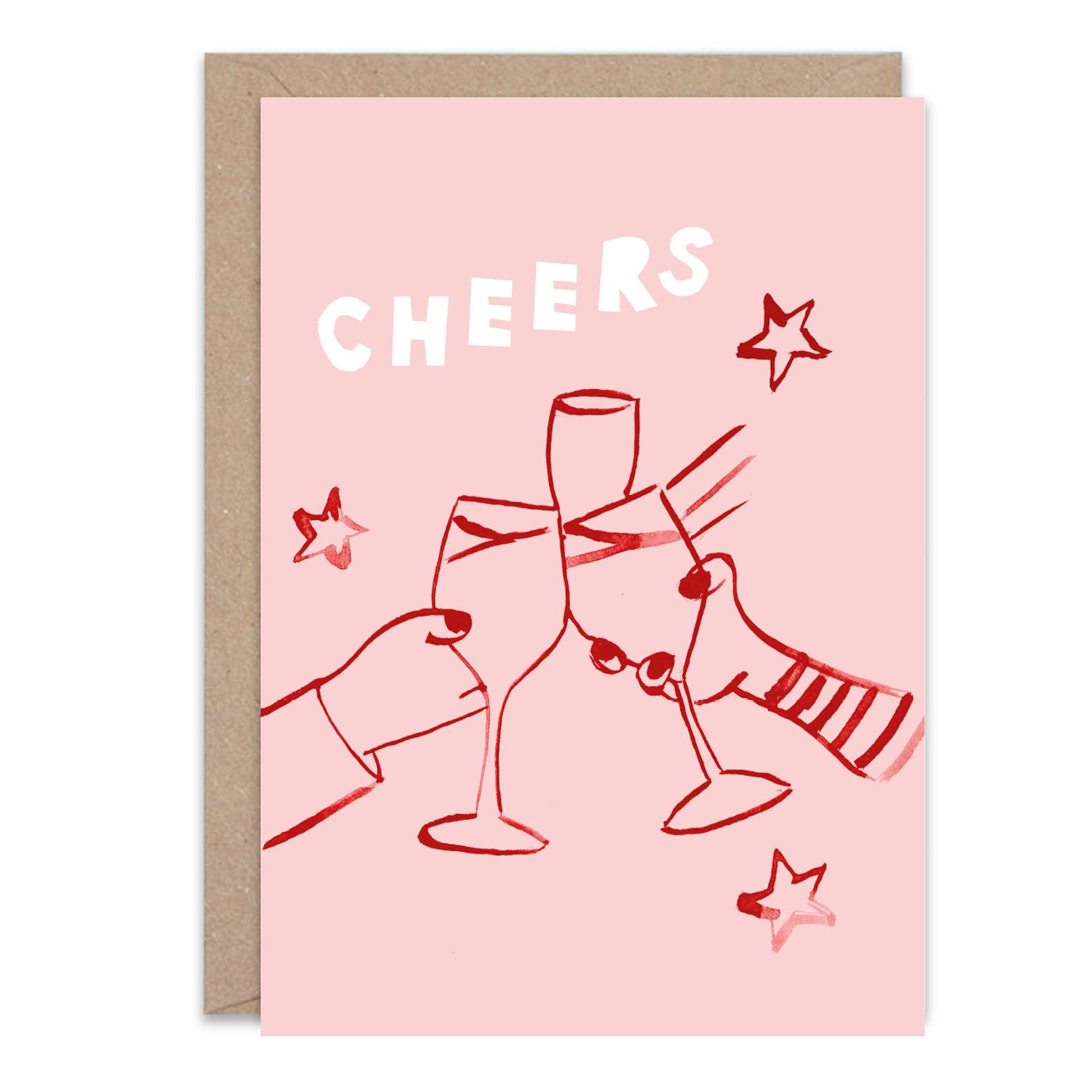 Greeting card with 'Cheers' text and wine glass illustrations on a pink background