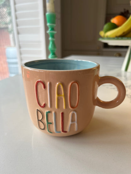 Peach Embossed Ciao Bella Ceramic Mug | Stylish drinkware