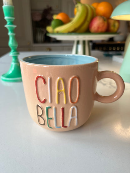 Peach Embossed Ciao Bella Ceramic Mug | Stylish drinkware