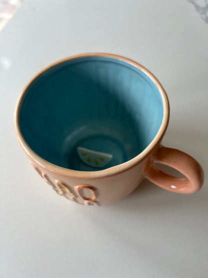 Peach Embossed Ciao Bella Ceramic Mug | Stylish drinkware