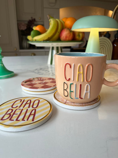 Peach Embossed Ciao Bella Ceramic Mug | Stylish drinkware