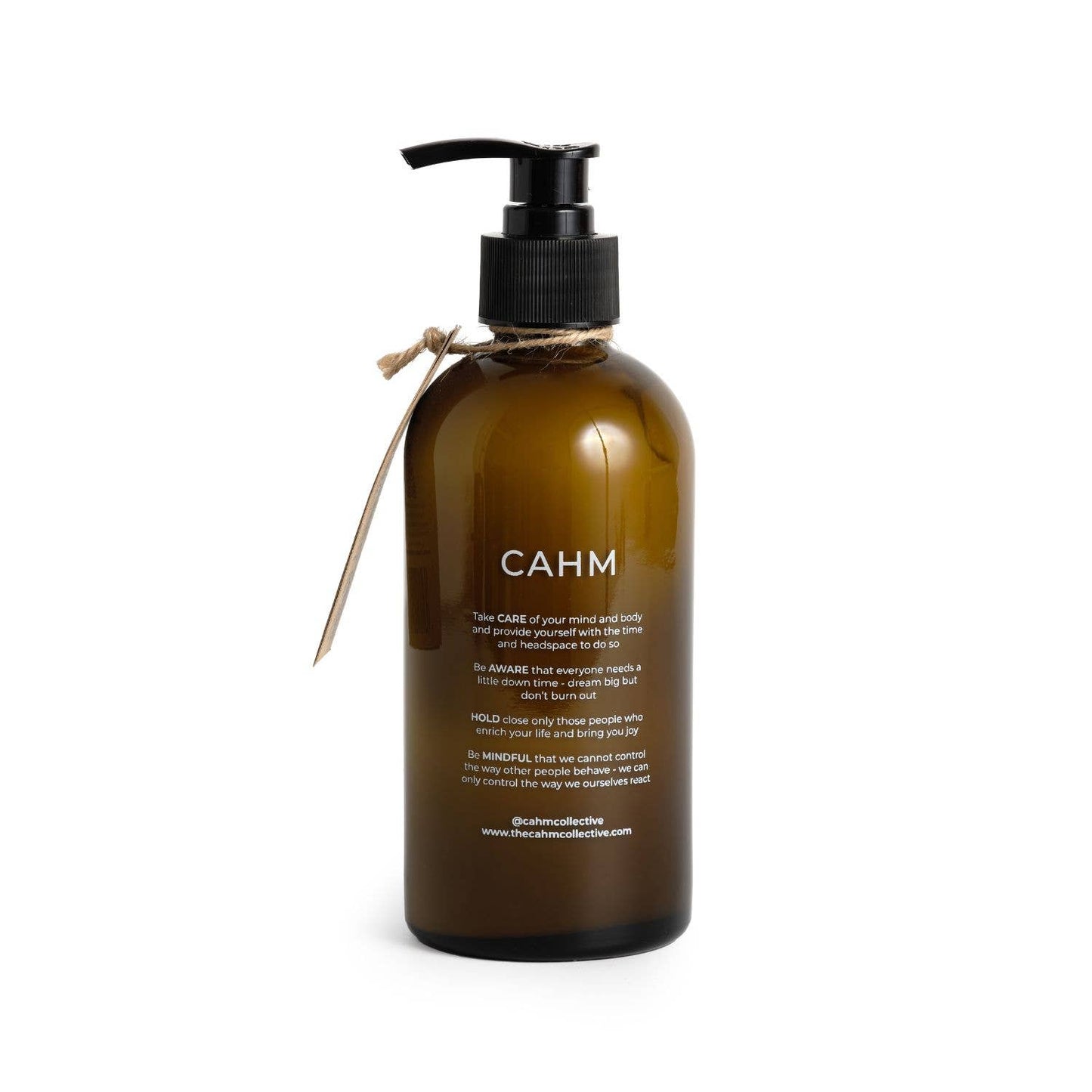 Brown bottle with black pump labeled 'CAHM' on a white background