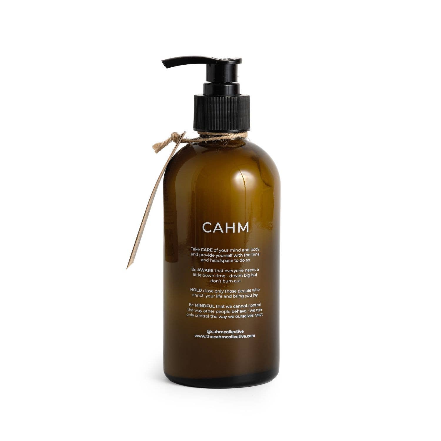 Brown bottle with black pump labeled 'CAHM' on a white background