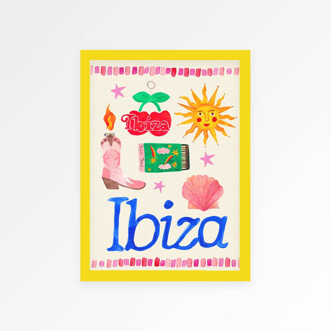Colourful illustration of Ibiza-themed items with a yellow border on a white background