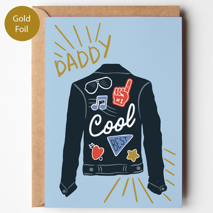 Greeting card with a jacket illustration and 'Daddy Cool' text on a light blue background