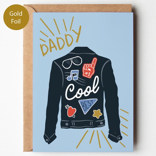 Greeting card with a jacket illustration and 'Daddy Cool' text on a light blue background