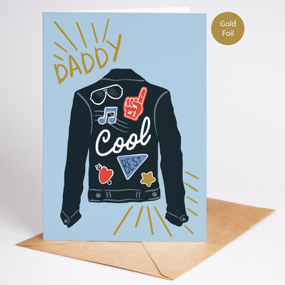 Greeting card with a jacket illustration and 'Daddy Cool' text on a blue background