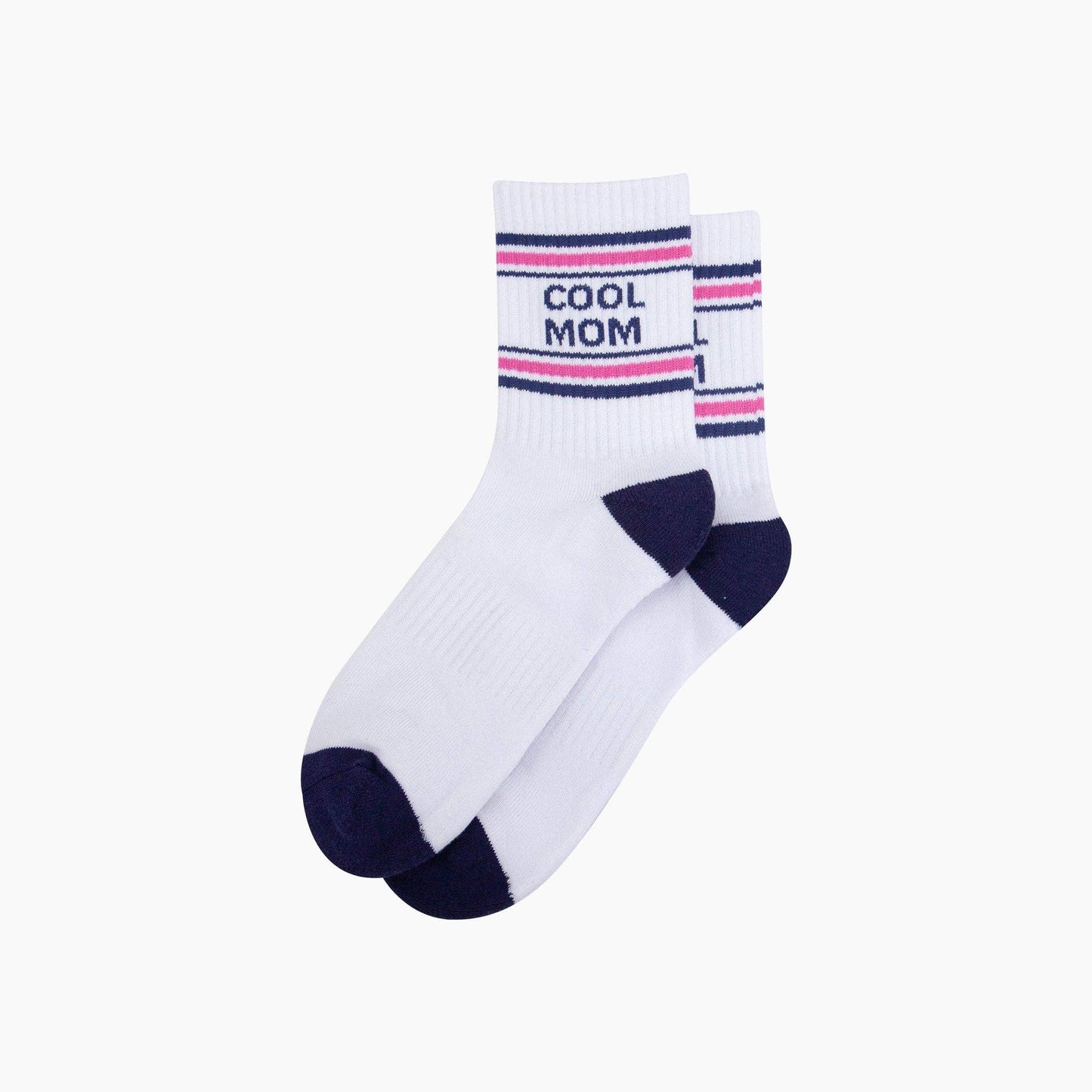 White sock with 'Cool Mom' text and pink and blue stripes on a white background