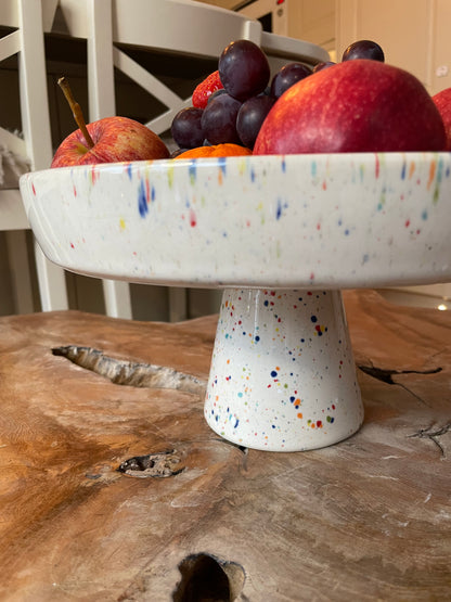 White Cake Stand with Splatter Pattern | Hand-Painted Ceramic Cake Stand