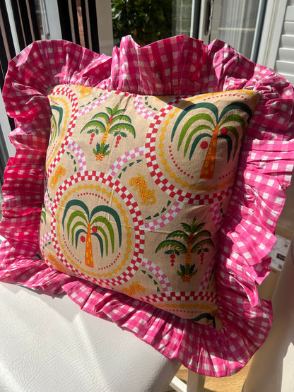 Palm Tree & Leopard Print Cushion Cover with Pink Gingham Frill | Maximalist Home Decor