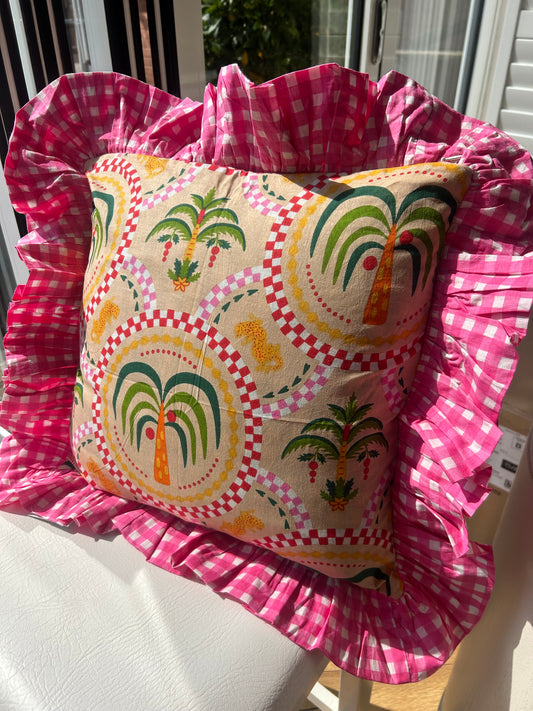 Palm Tree & Leopard Print Cushion Cover with Pink Gingham Frill | Maximalist Home Decor