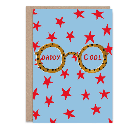 Card with leopard print glasses and red stars on a blue background