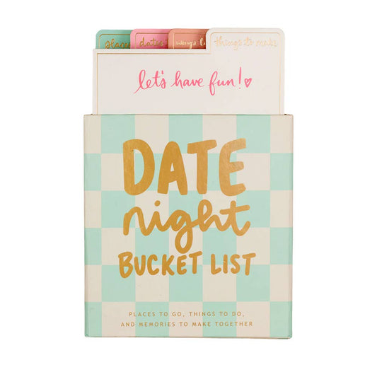 Date Night Bucket List planner insert set featuring a mint green and cream checkered box with gold lettering, showing colorful tabs inside with pink and gold text.