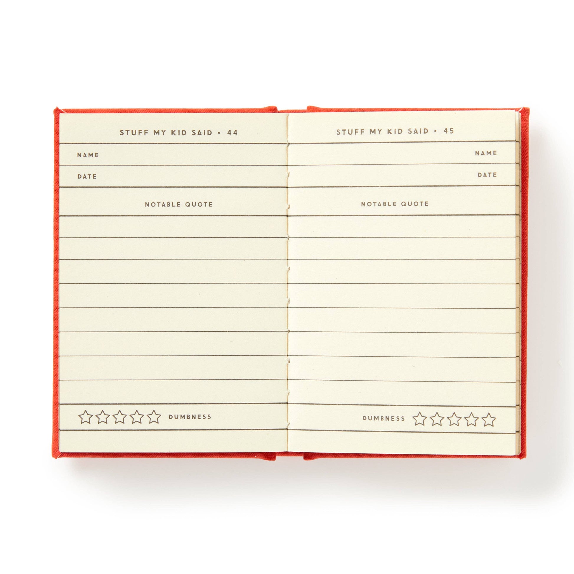 Open notebook with lined pages and humorous text on a white background