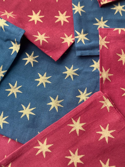 Gold Star Block Printed Napkins | Set of 4 Hand Block Printed Cotton Napkins, Navy or Merlot