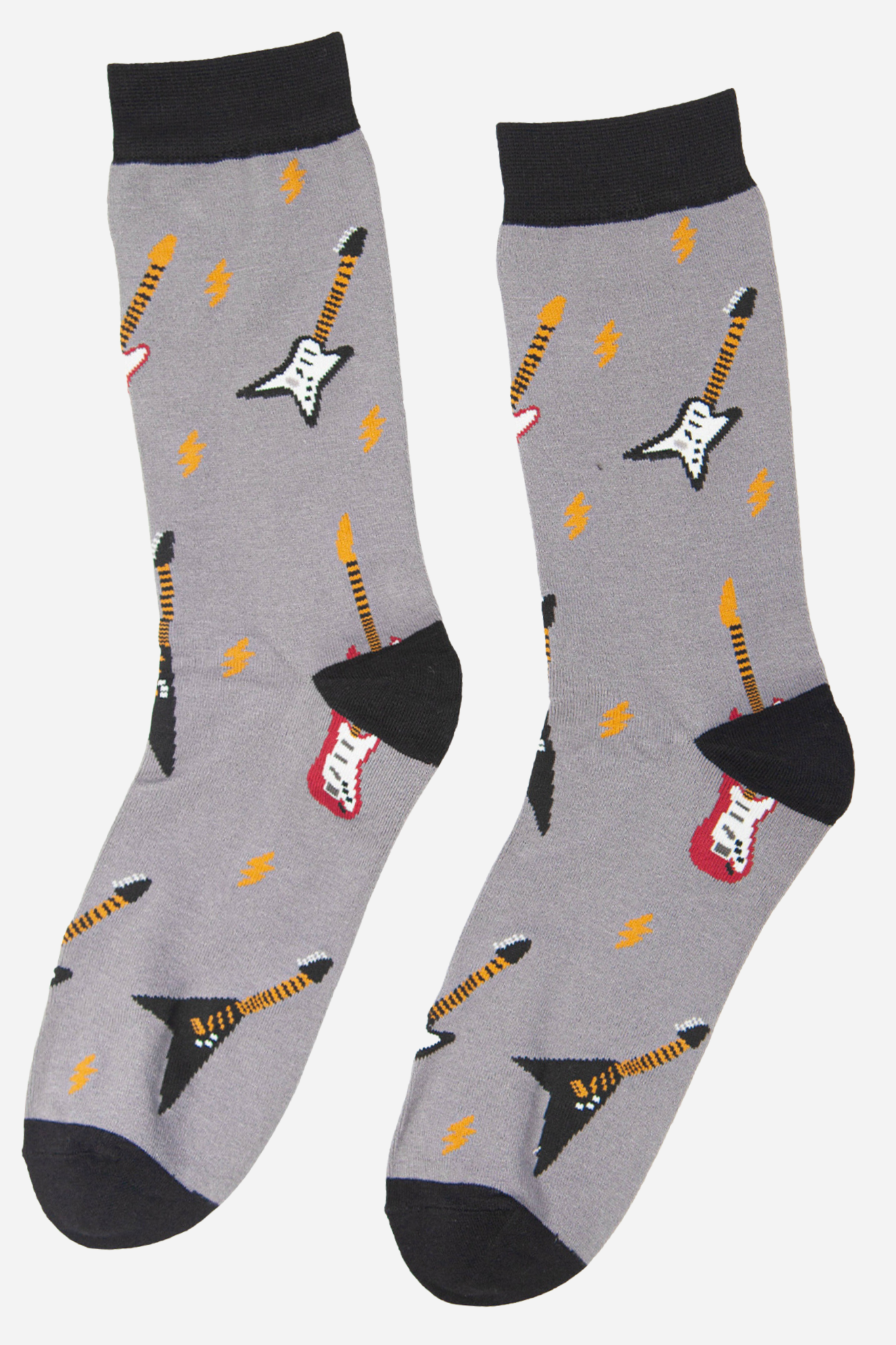 Gray socks with guitar pattern on a white background