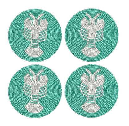 Embellished Aqua Lobster Coasters Set of 4 | Beaded Coastal Coasters