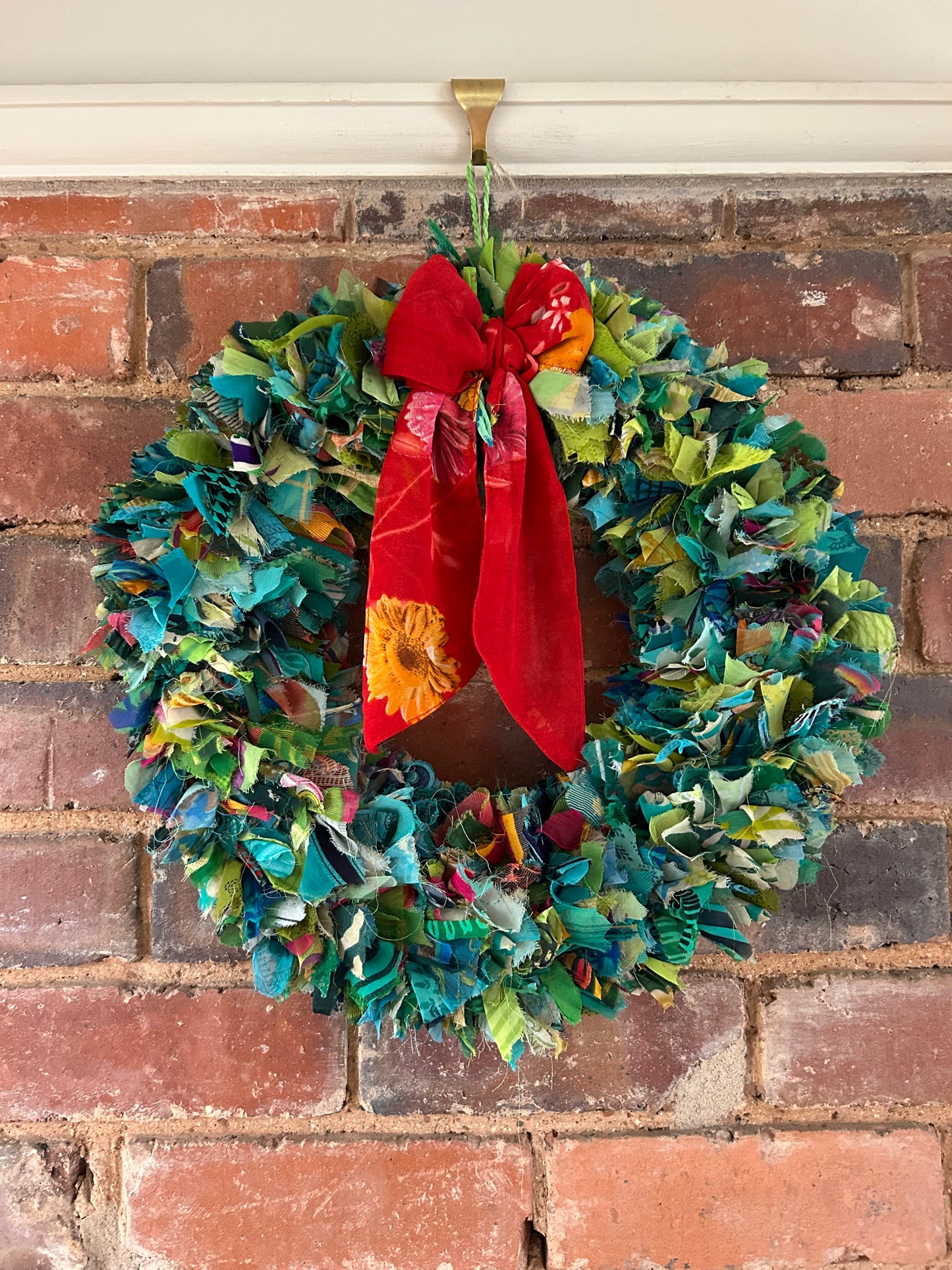 Recycled Sari Green Wreath with Red Bow | Eco-Friendly Festive Door Decor
