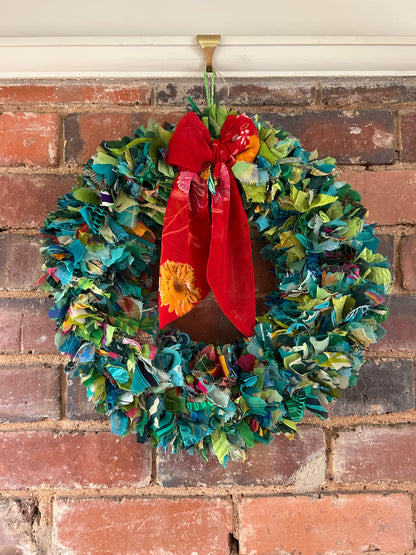 Recycled Sari Green Wreath with Red Bow | Eco-Friendly Festive Door Decor