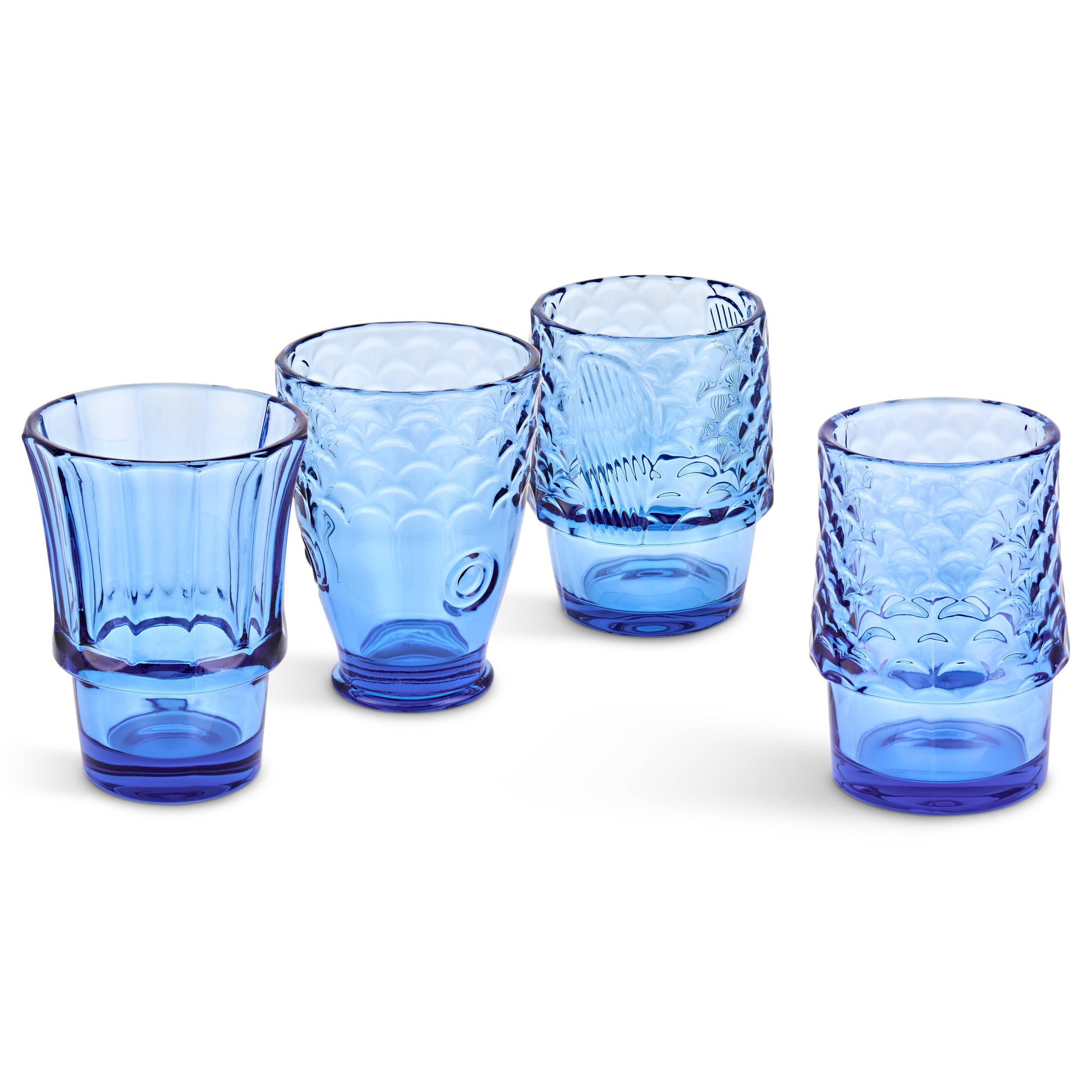 Set of five blue glass tumblers with textured design on a white background
