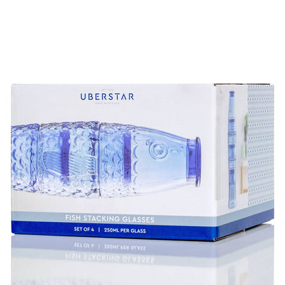 Box of Uberstar fish stacking glasses on a white background