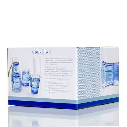 Box of Uberstar glassware with blue and white design