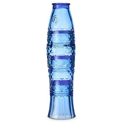 Blue glass vase with textured design on a white background