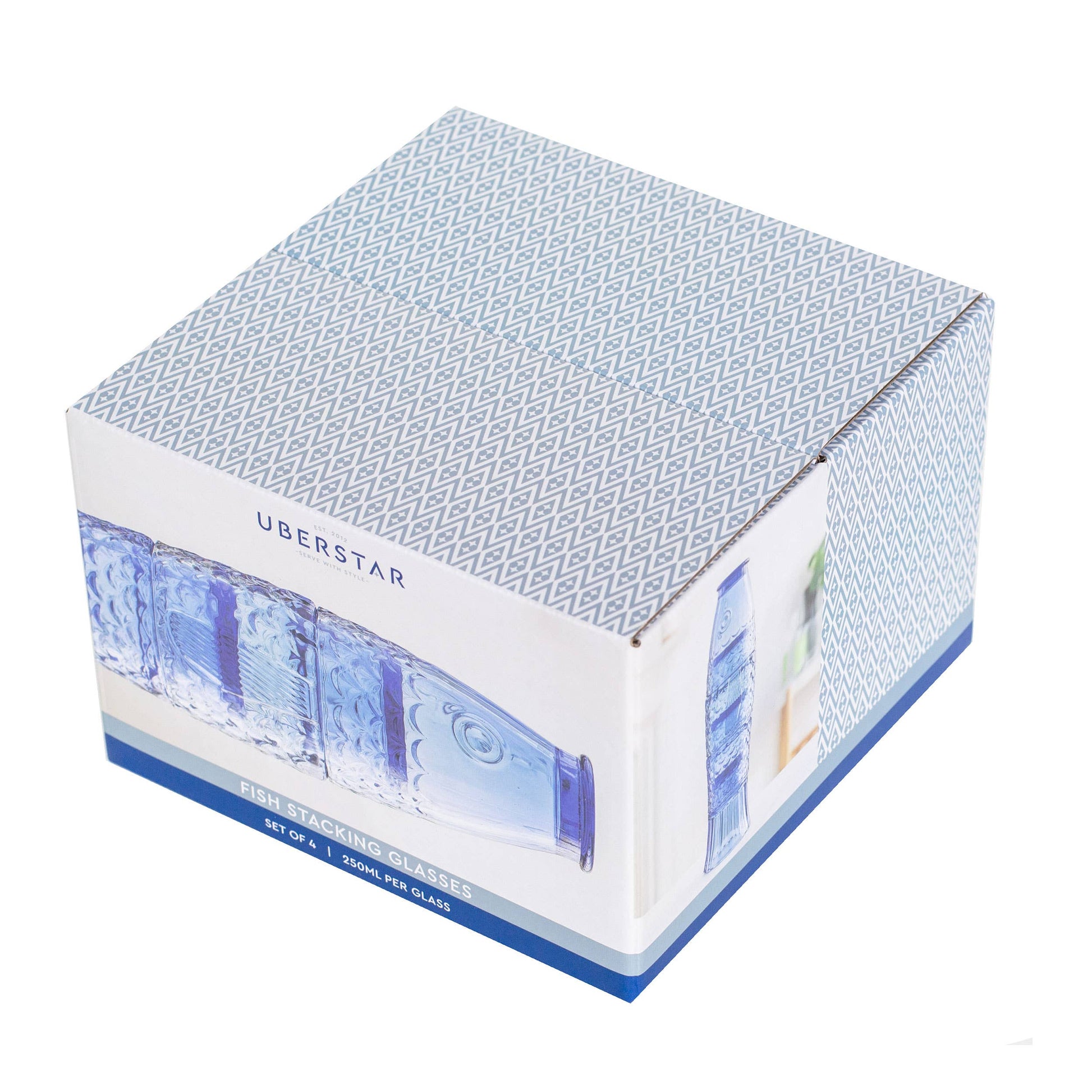 Box of Uberstar products with blue and white design on a white background