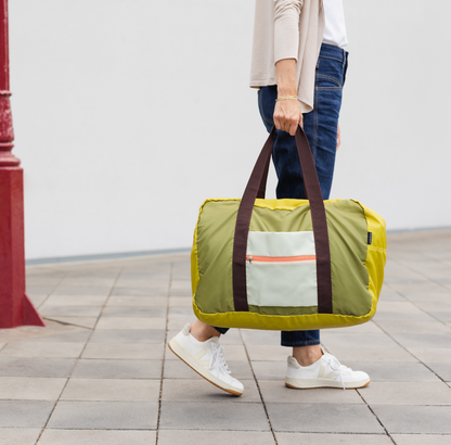 Leisure & Travel Bag in Green, Brown & Orange | Lightweight Foldable Bag for Gym or Weekends