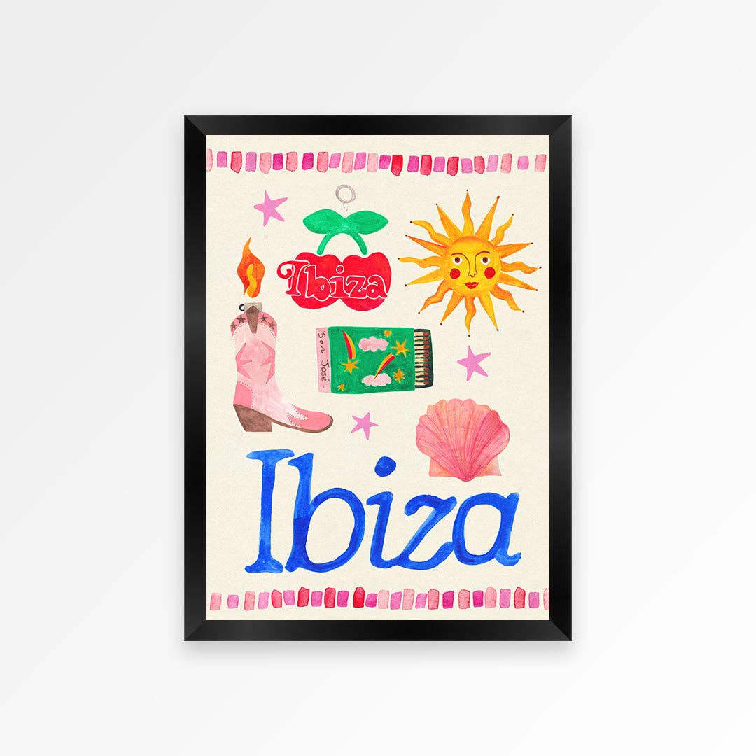 Framed artwork with colorful illustrations and the word 'Ibiza' on a white background