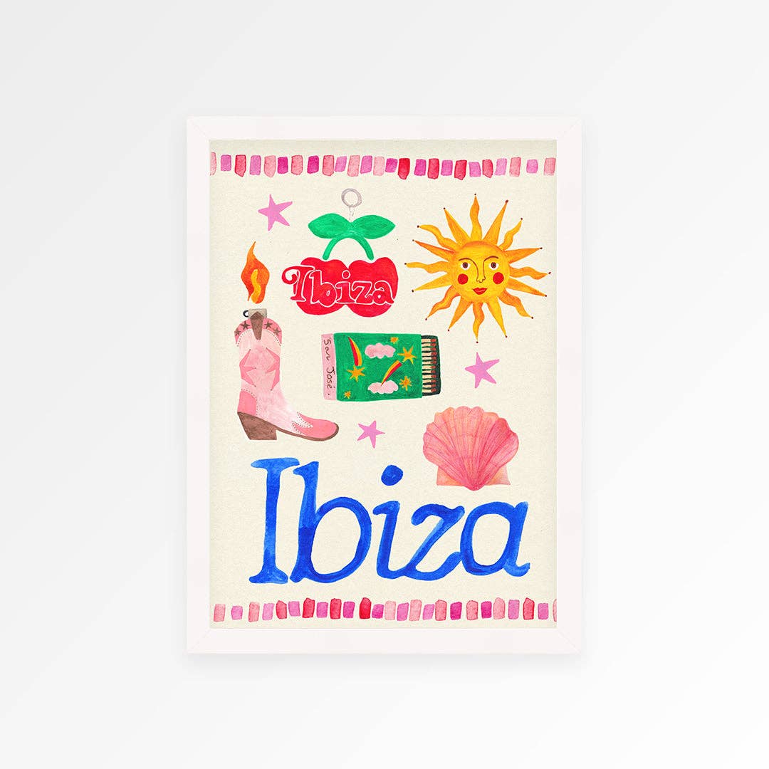 Colorful illustration of Ibiza-themed items on a beige background