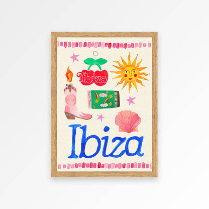 Framed artwork with colorful illustrations and the word 'Ibiza' on a white background