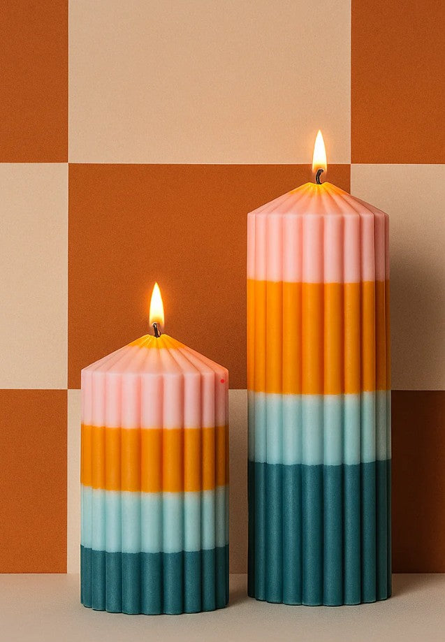 FREYA Colourblock Pillar Candle | Peach, Orange, Light Blue & Teal