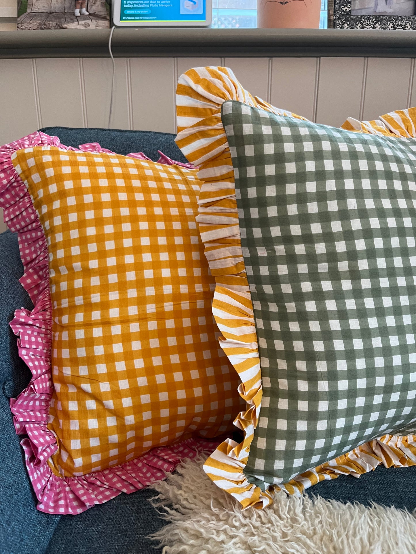 Green Gingham Cushion with Yellow Striped Frill | Vibrant Home Decor Accent