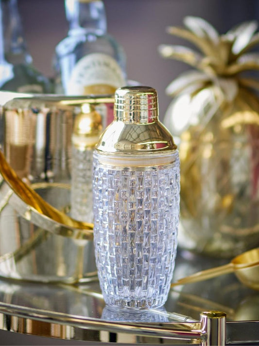 Cocktail Shaker | Clear Textured Glass with Gold Stainless Steel Lid