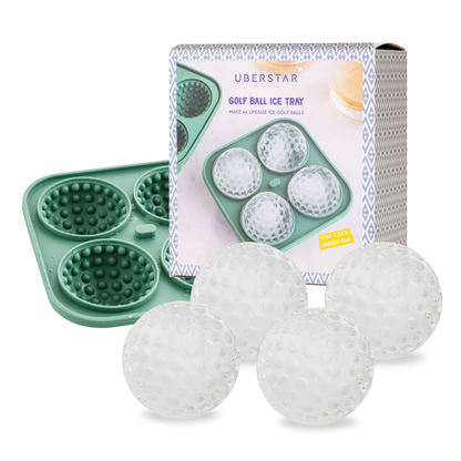 Golf ball ice tray with silicone mold and packaging on a white background