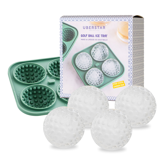 Golf ball ice tray with silicone mold and packaging on a white background