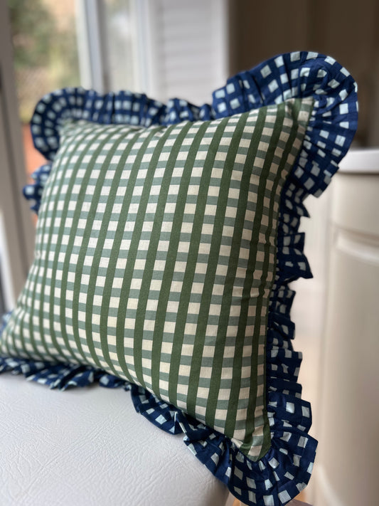 Blue & Green Gingham Frill Cushion Cover 18" | Reversible Cotton Decorative Cushion Cover