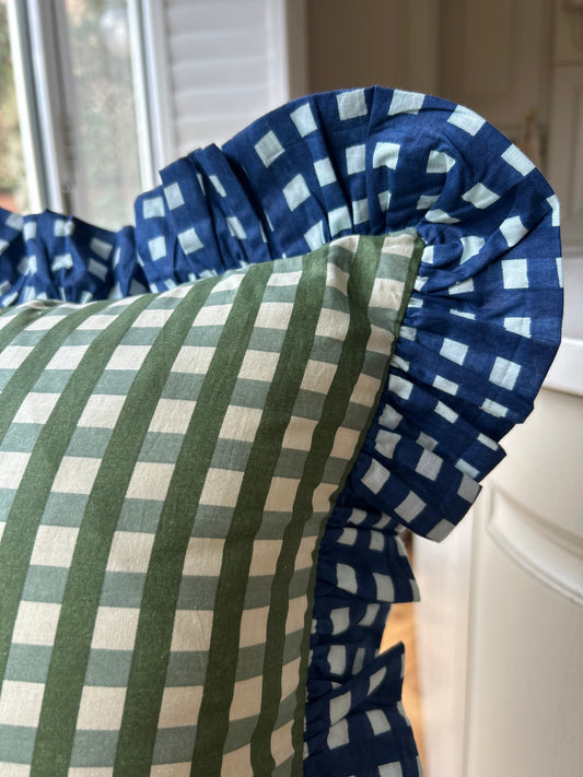 Blue & Green Gingham Frill Cushion Cover 18" | Reversible Cotton Decorative Cushion Cover