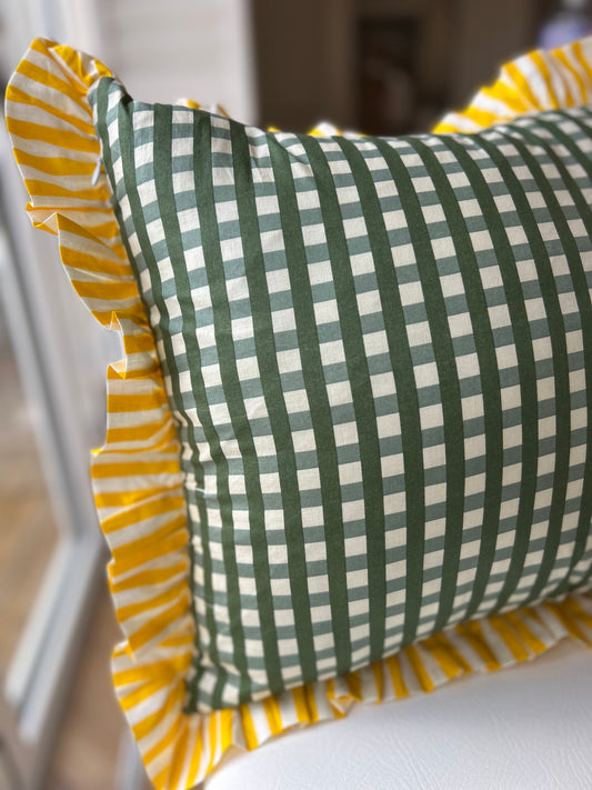 Green Gingham Cushion Cover with Yellow Stripe Frill | Decorative Cotton Cushion