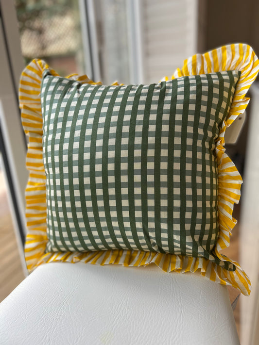 Green Gingham Cushion Cover with Yellow Stripe Frill | Decorative Cotton Cushion