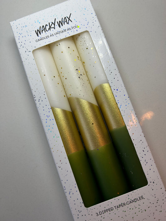 Cream, Gold & Green Dipped Glitter Candles | Pack of 3