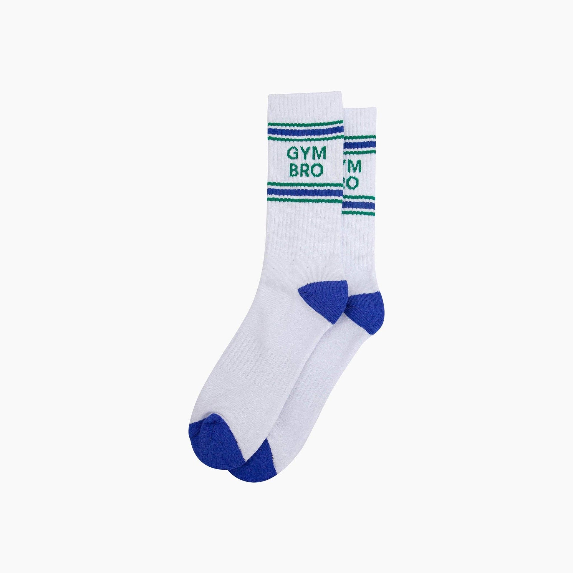 White socks with blue accents and 'GYM BRO' text on a white background